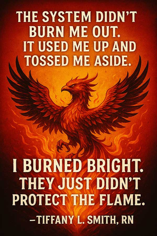 'The system didn't burn me out, It used me up and tossed me aside. I burned bright, They just didn't protect the flame.' — Tiffany L. Smith, RN